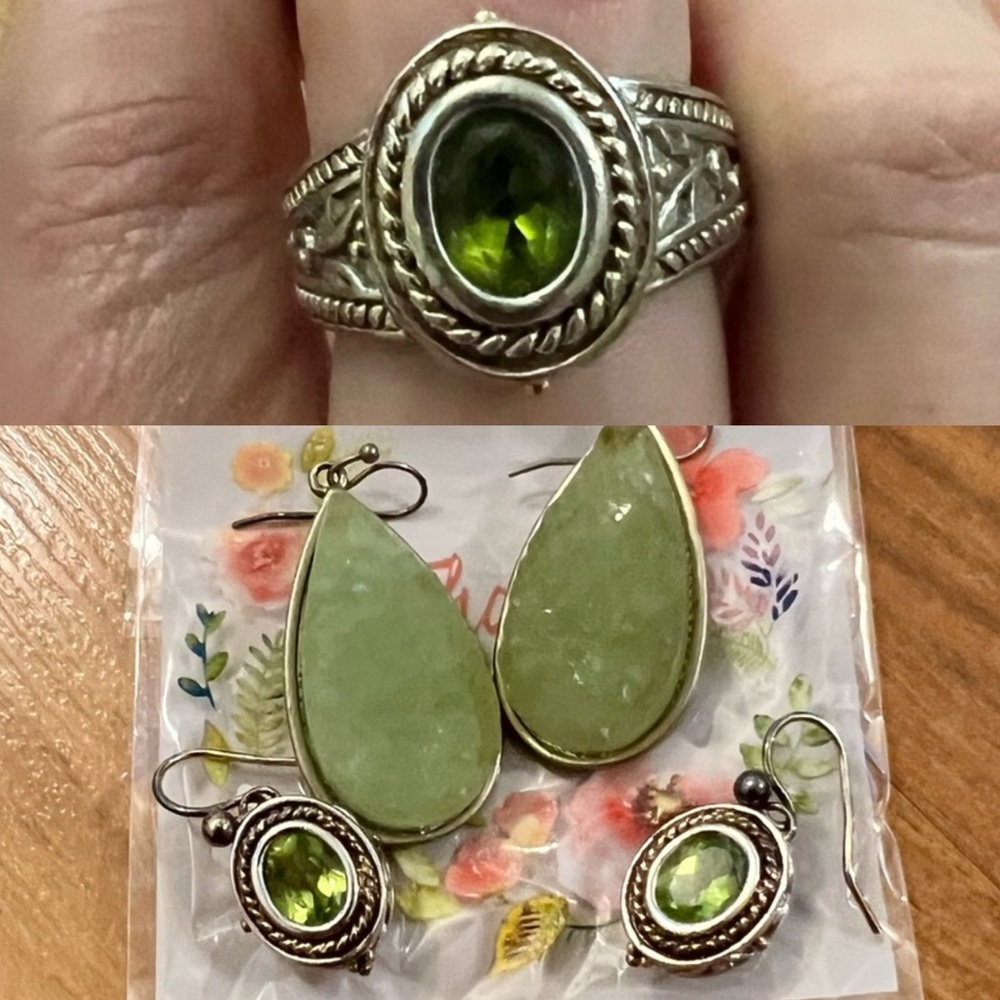 Genuine Green Peridot and Sterling Silver Ottoman Style Ring and Earring set